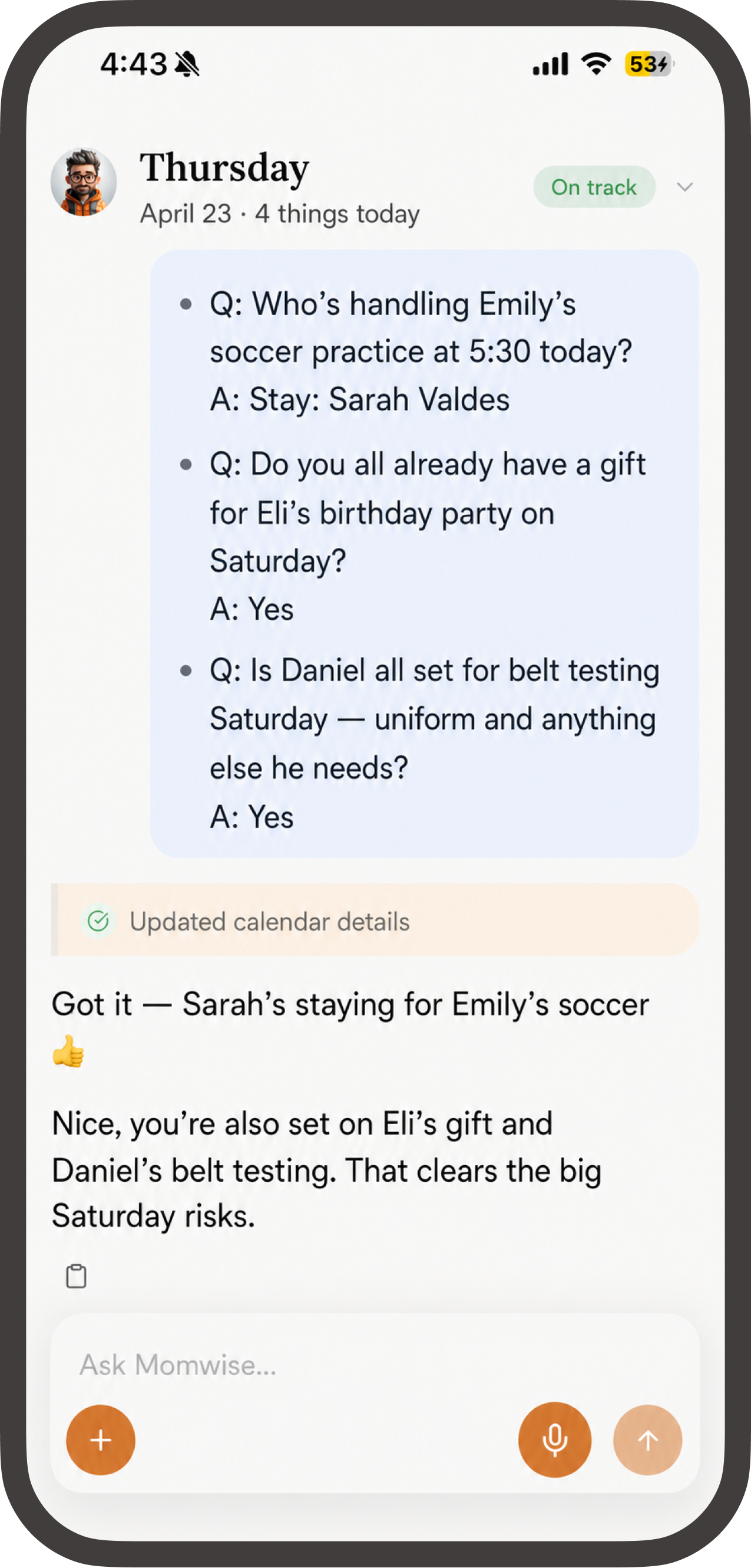 Momwise — Today expanded view